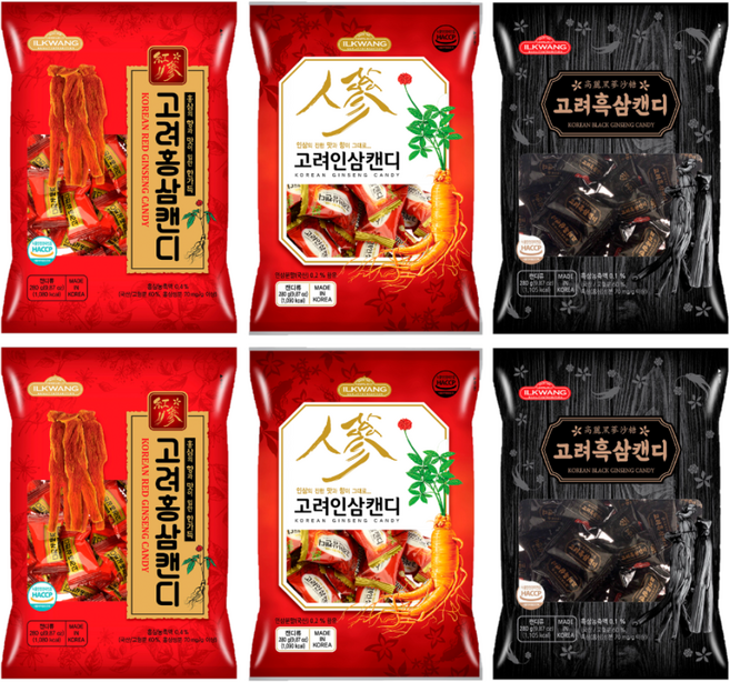 일광제과 고려홍삼캔디 280g 2p + 고려인삼캔디2 280g 2p + 고려흑삼캔디 280g 2p, 1.68kg, 1세트
