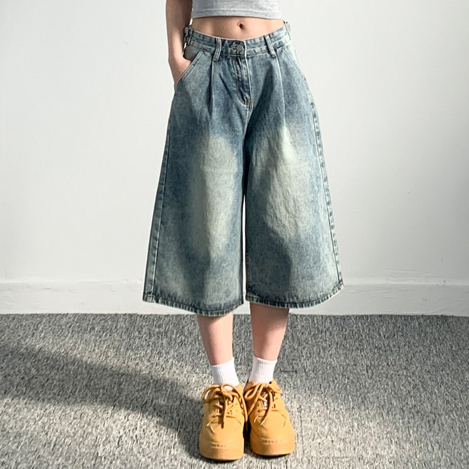 소유진 여성용 버뮤다 와이드 핀턱 허리 조절 버튼 데님 5부반바지