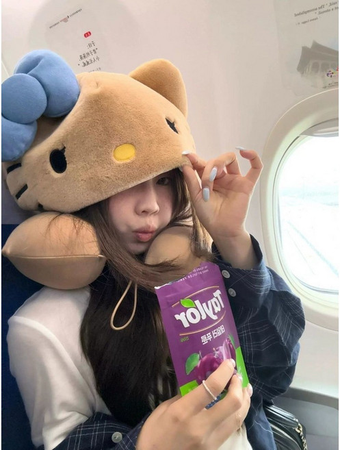 다나에 귀여운 브라운 헬로키티 모자 후드형 U형 베개 여행 사무실 목베개 +지아싱트레이드 머리끈