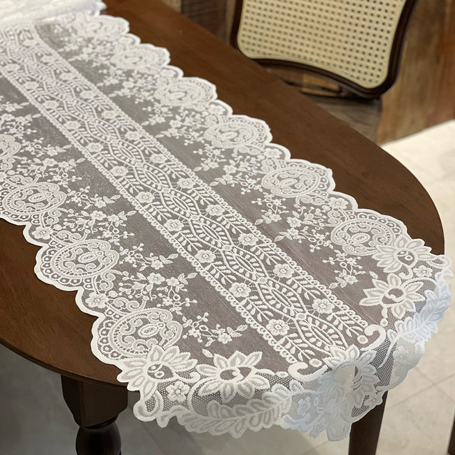 다람앤토리 폭 넓은 대형 레이스 테이블 러너, 1개, 48x260cm, 화이트