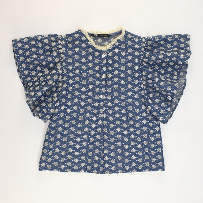 자라 블루 면 캐주얼 꽃무늬 레이스 반팔티셔츠 XS 여성 WT3065 자바구제창고