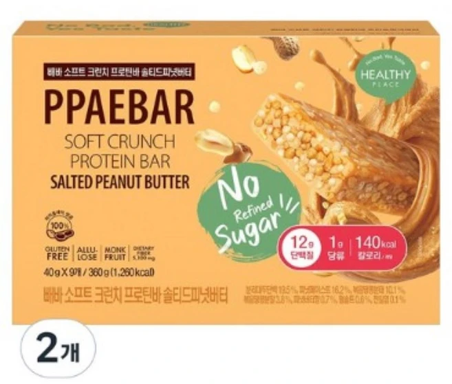 빼바 소프트 크런치 프로틴바 솔티드피넛버터 9p, 2개, 360g - 쿠팡