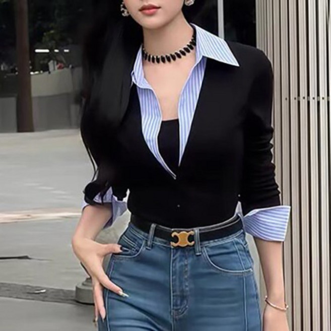 히또리 T5041 스트라이프 셔츠 카라 레이어드 블랙 티셔츠