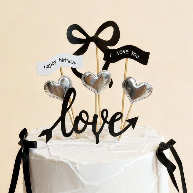 블랙 핑크 리본 하트 케이크 토퍼 2종 생일 기념일 파티 장식 데코, 1개, 시크 블랙 리본