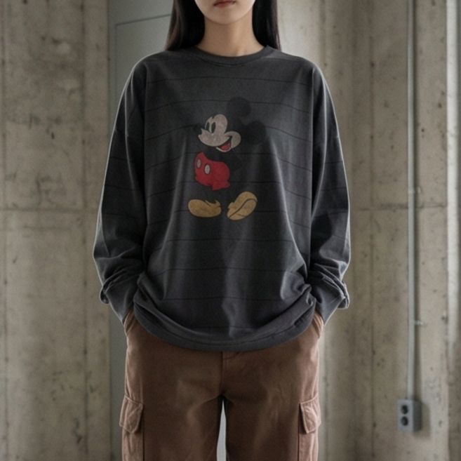 피그먼트 미키 핀스트라이프 긴팔티 빈티지 여자오버핏