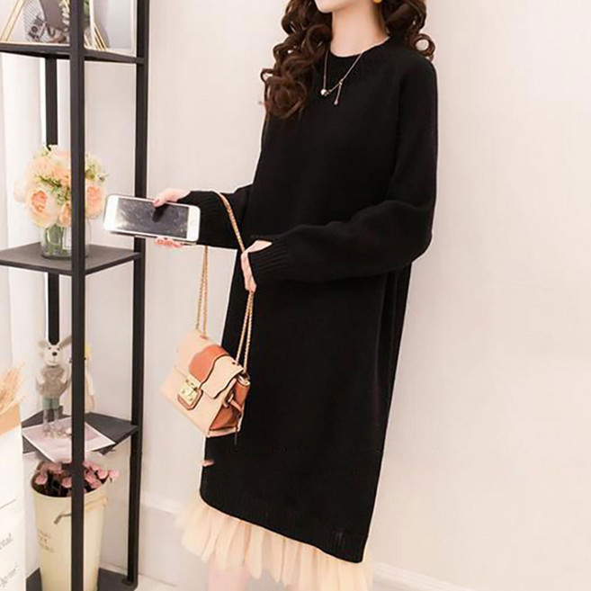 besteffie 인기폭발 니트 원피스 라운드넥 루즈핏 니트원피스 밑단 레이스 디자인 원피스 여성스러운 스타일 K39