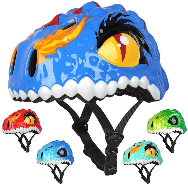 Bavilk 유아용 자전거 헬멧 아동용 헬멧 3D 공룡 남아 여아 조절 가능한 무릎 패드 팔꿈치 가드 보호 장비 세트 사이클링 스쿠터 스케이트보드 인라인 스케이팅 라이딩 스포, 뉴 블루 공룡