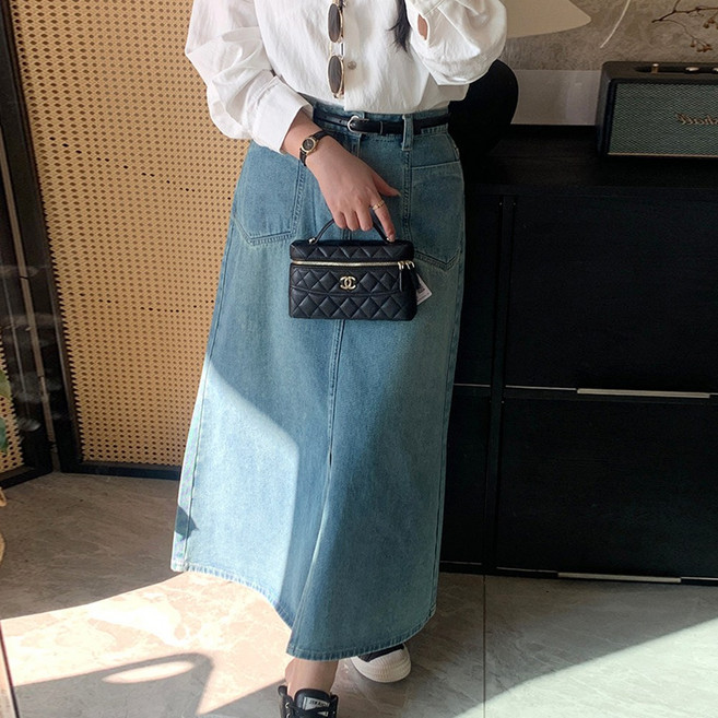 네모엔룩 빅포켓워싱데님 여성용 빅사이즈 허리 뒷밴딩 앞트임 빈티지 청 맥시 롱 스커트