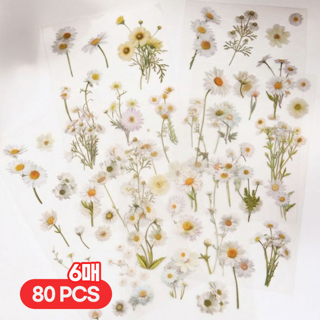 다꾸 투명 꽃 나뭇잎 스티커, 1개, 데이지 6매입
