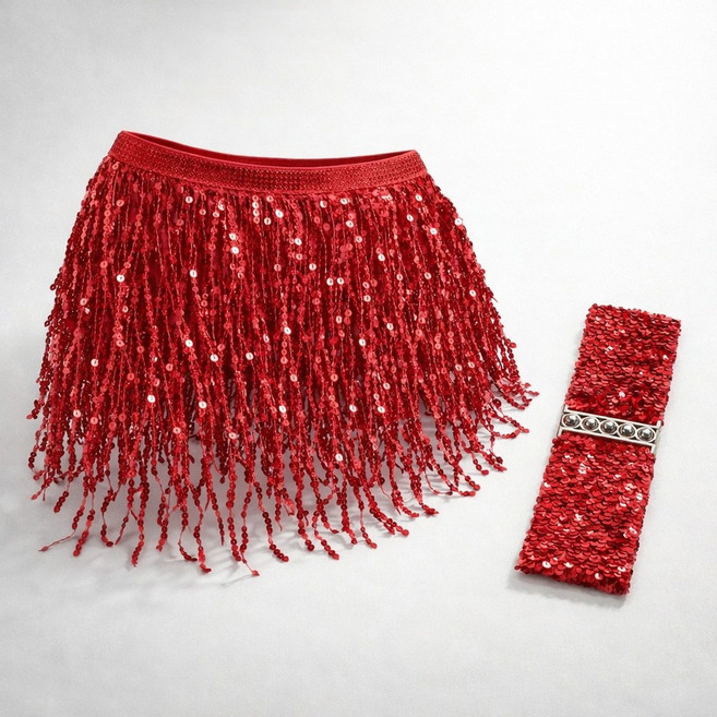 스타일홀리 스팽글 랩스커트 + 벨트 SET 라인댄스 벨리댄스 공연 무대의상 줌바 라틴 댄스복, 1세트, 레드