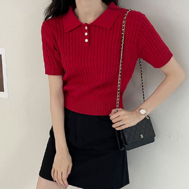 바이단미 MADE 여성 스웨터 가을 숏 슬리브 데일리 기본 케이블 카라넥 꽈배기 반팔 니트