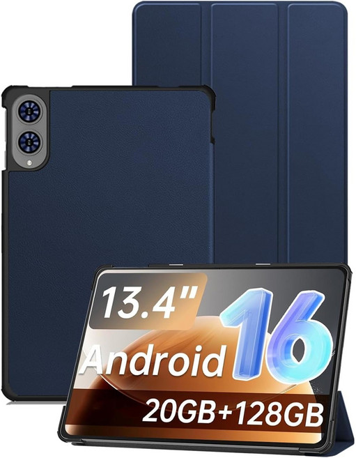 For Teclast T65 (2025) Smart Case 13.4" Tablet PC Triple-Folding Stand Cover with Hard Back Coque, Blue, 1개