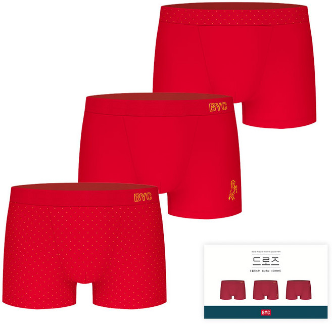BYC 행운가득 레드 남성 드로즈 3매입