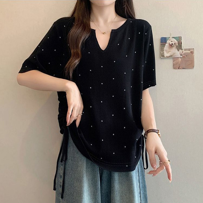 大尺碼短袖T恤女 夏季 抽繩顯瘦 點點設計感