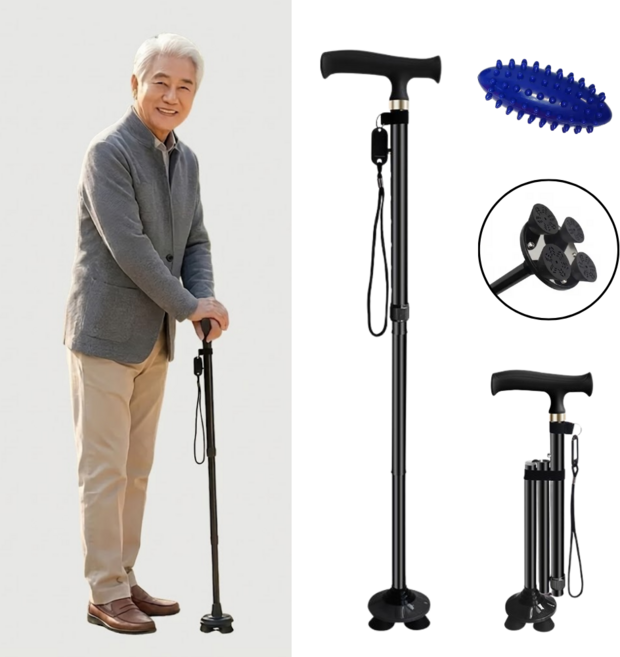 장수안 프리미엄 초경량 접이식 네발 지팡이 등산스틱 보행 보조 워킹스틱, 1개, 블랙