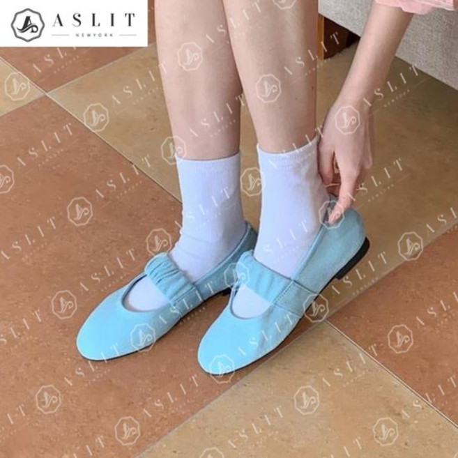 둥근코 데님 셔링 밴딩 메리제인 플랫 슈즈