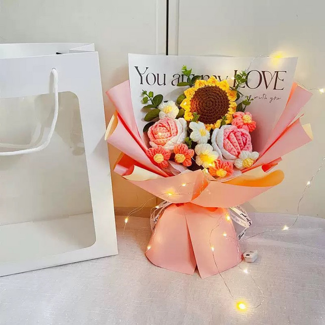 跨境毛線針織花束成品編織玫瑰情人節閨蜜生日母親節畢業季禮物, 1向日葵2漸變粉玫瑰