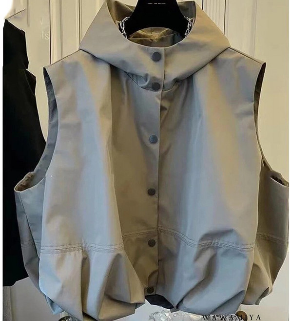 후드 캐주얼 베스트 자켓 아우터 코트 빅사이즈 남녀공용 조끼 봄 가을 민소매 자켓 루즈핏 바람막이 점퍼 상의 WAWAMIYA