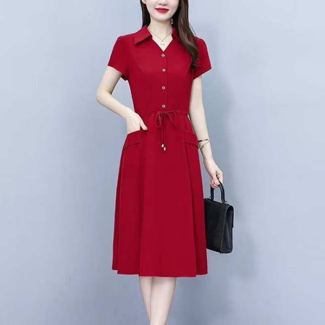 DIU 媽媽裝大碼時尚洋氣短袖連衣裙中老年女夏季新款收腰遮肚顯瘦裙子, 5XL