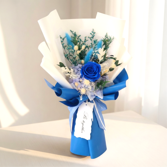 데이나 생화 프리저브드 꽃다발 + 쇼핑백(28cm x 40cm), 산토리니 블루