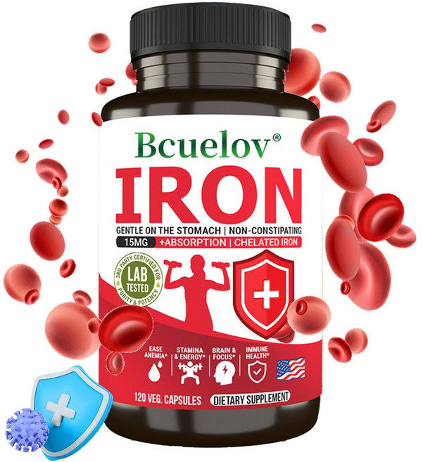 킬레이트 철분 15mg 보충제 - 빠른 흡수 온화 및 변비 캡슐 - 건강한 면역체계와 뇌건강 유지에 도움, 3개, 60회분