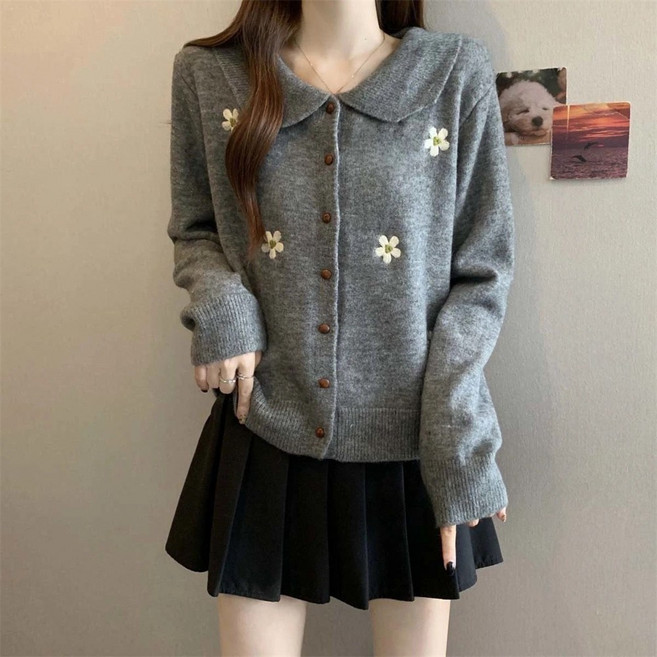 TKX 여성 레트로 니트 카디건 자수 꽃무늬 긴팔 가디건 빅사이즈 출근룩 면접