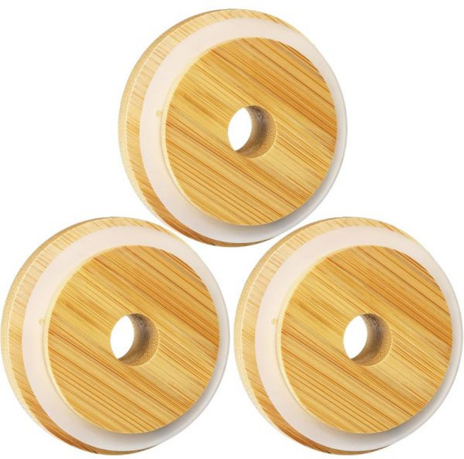 86mm 넓은 입 Bamboo 메이슨 자 병 뚜껑 스트로 구멍 포함 SBMKK 목재 8개 세트, 일반 입구 3개