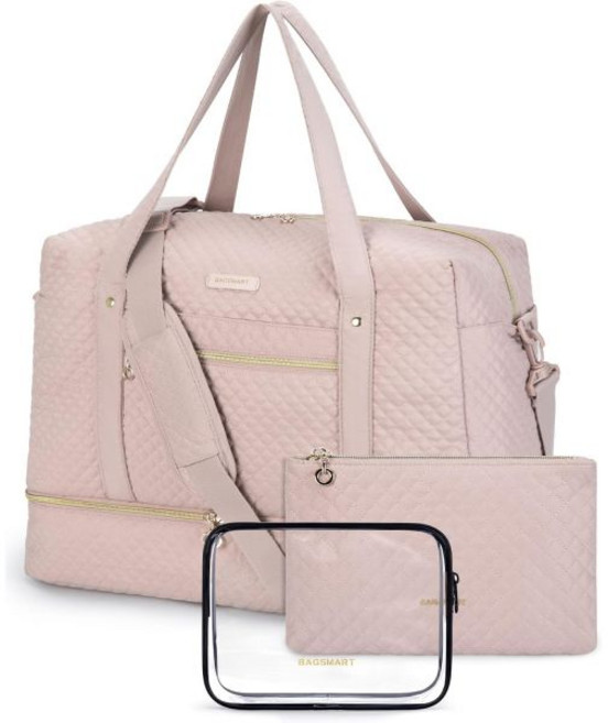 여행용 더플백 여성용 젖은 포켓이 있는 BAGSMART 37L 위켄더 오버나이트백 여행 출장 스포츠용 노트북 수납공간이 대형 기내 반입 가방 신발 가방(블랙)