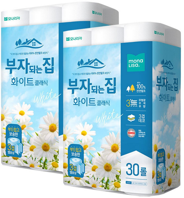 부자되는집 모나리자 프레스티지 3겹 와이드너비 롤휴지 롱 35m 30롤 2팩, 1개
