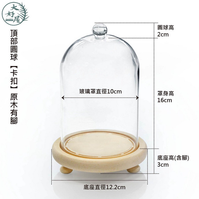 大好屋 幾何造型玻璃罩乾燥花永生花 蠟燭罩 羊毛氈 公仔 防塵罩 透明展示罩, 10*16cm頂部圓球●卡扣原木有腳