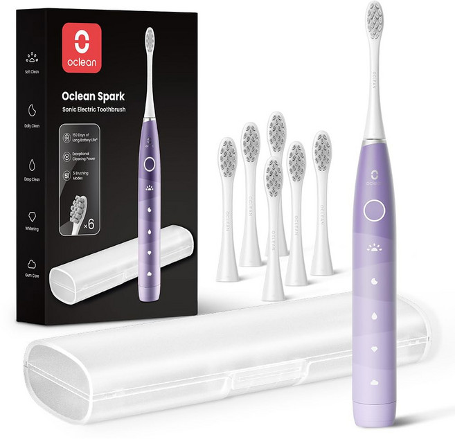 성인용 Oclean 전동 칫솔 150일 배터리 수명 브러시 헤드 6개 및 여행용 케이스 5가지, 01 purple, 1개, purple
