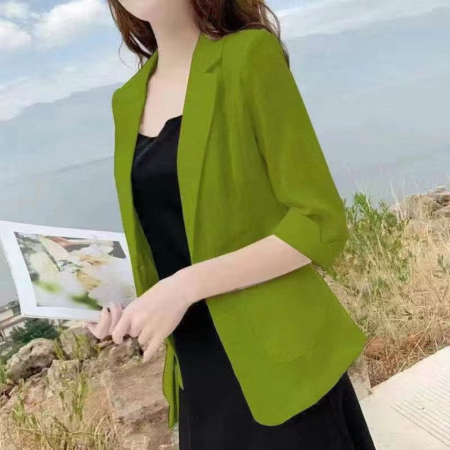 棉麻小西裝外套女 夏季薄款防晒修身亞麻西服外套 七分袖西裝