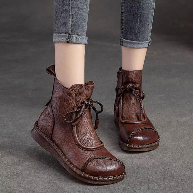 Makone 여성 편안한 착화감 PU 빈티지 에스닉 플랫 부츠 소프트 워커 데일리 패션 단화 앵클부츠