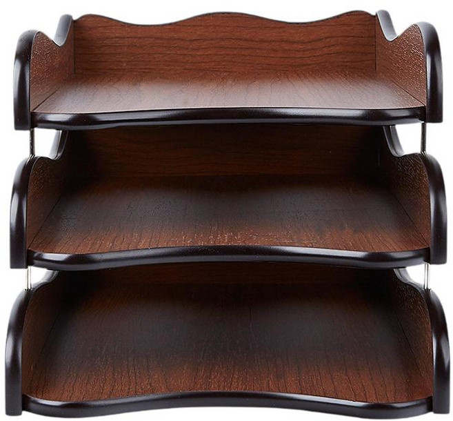 GHSHOP 나무 상자 트레이 나무 선반 쌓을 수 있는 3단 파일 문서 보관 랙 홈 오피스 잡화 문서 정리함, 40cm x 24cm x 25cm, 목재, 갈색