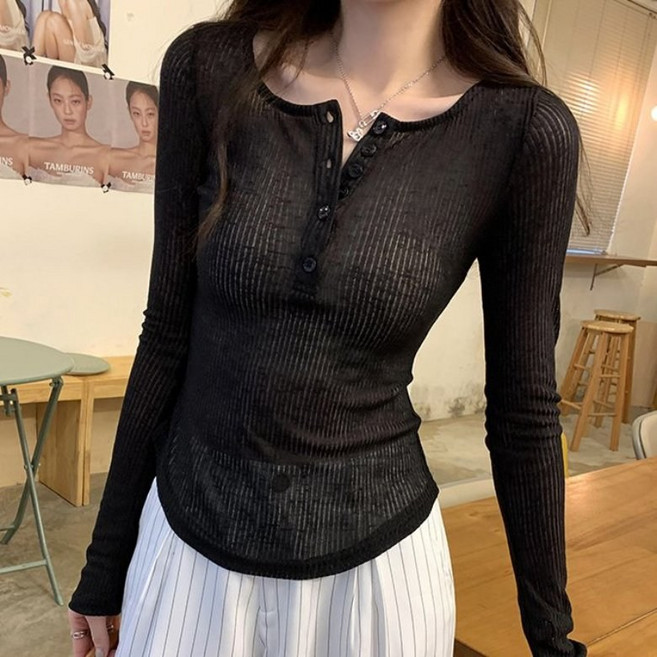 아이엠몽 여성 골지 시스루 긴팔 티셔츠