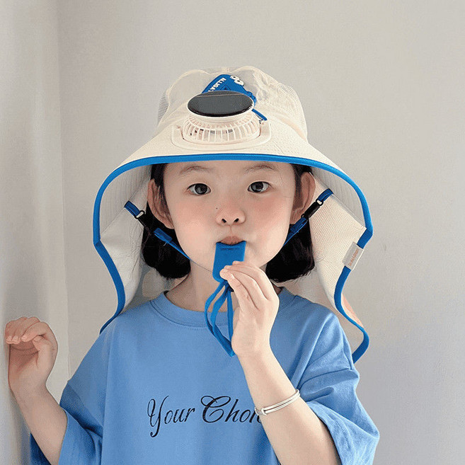 太陽能風扇兒童帽子夏季薄款遮陽防曬大帽檐披肩帽男女寶寶空頂帽