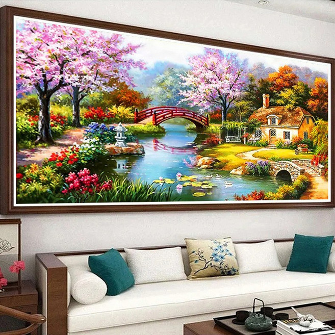 실십자수 도안세트 풍경 집 시골 마을 자연 명화 명작 큰사이즈, 153x82cm 실크 3가닥자수, 1개