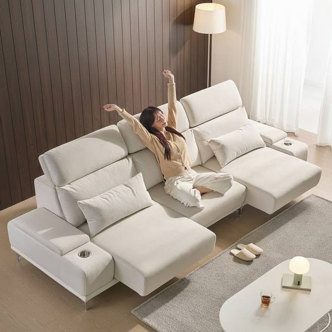 세인트블랑 미엘라 슬라이드 모션 아쿠아텍스 쇼파 무빙 확장 패브릭 소파 sk, 4인 크림그레이