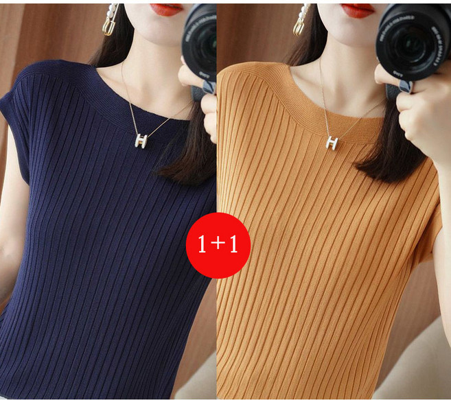 1+1 여성 니트 여름 캐주얼 라운드 반팔 티셔츠