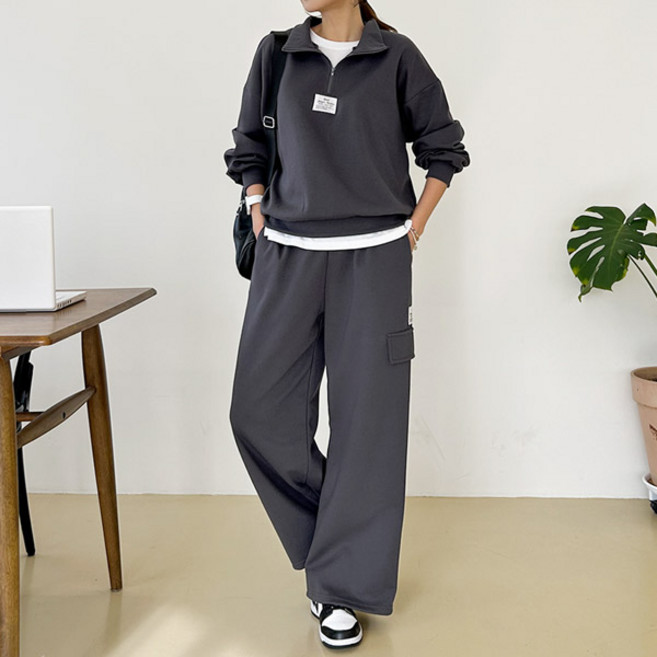 마이쏭 여성 빅사이즈 맨투맨 카고 와이드팬츠 운동복 라벨반집업와이드팬츠세트