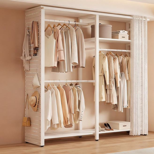 드레스룸 시스템 철제 행거 튼튼한 스탠드 행거 오픈형 조립식 원룸옷장, 흰색(A)전면 커튼+한쪽 타공판