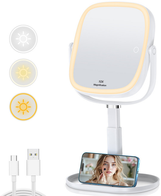 LED 조명 탁상 화장거울 360도회전 1배/10배 확대 3000mAh, 화이트