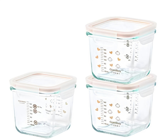 글라스락 베이비 눈금 이유식용기 대용량 사면결착캡, 270ml, 혼합색상, 3개