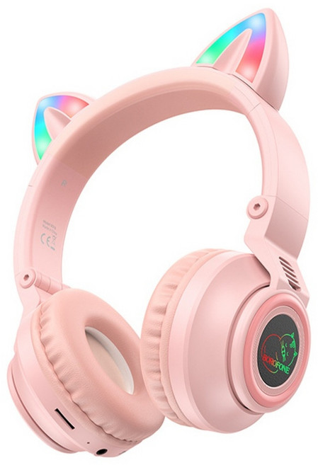 에스앤탑 고양이 귀 어린이 무선 초등 유아 키즈 블루투스 LED 헤드셋, 핑크