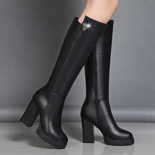 지디오 여성 니하이 롱 부츠 힐 10CM 키높이 가죽 하이힐 통굽 부티 사이드 지퍼 가보시 가을 겨울 신발