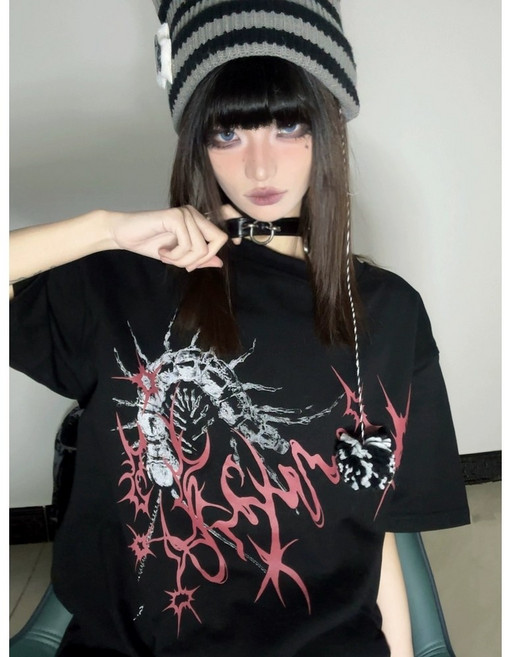 지뢰계티셔츠 지네 다크 양산형반팔티 일본 하라주쿠 고딕 스타일 티셔츠 서브컬처 오버사이즈 스트리트 멘헤라 고스펑크