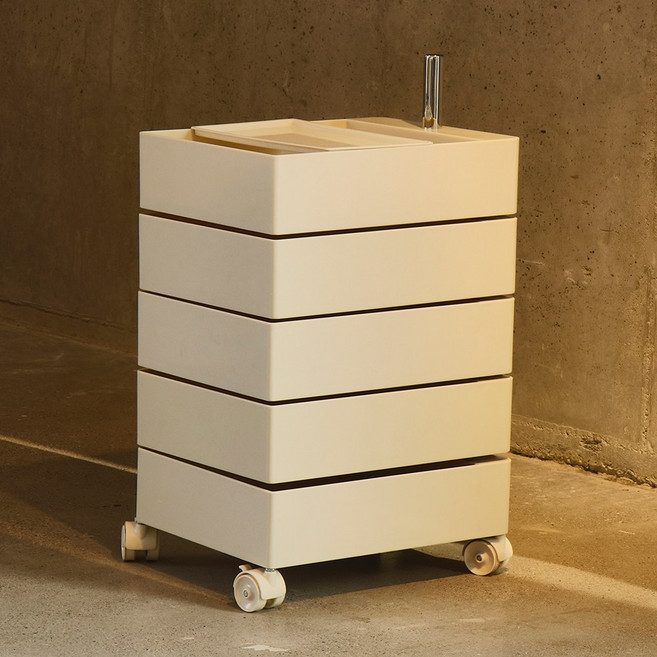 가구앤하우스 피보 360도 회전 이동 서랍 사각 트롤리 컨테이너 틈새 수납장, 크림, 5단