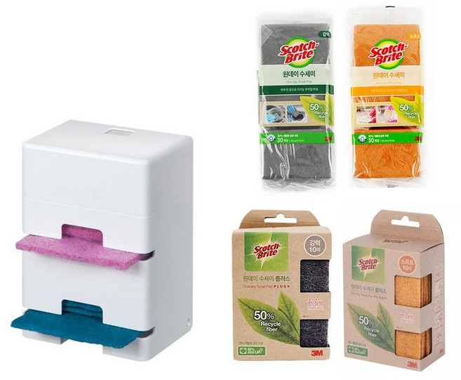 3M 스카치브라이트 원데이 수세미 플러스 디스펜서 스타터킷 리필 강력 소프트, 1.원데이 수세미 플러스 디스펜서 스타터킷, 1개, 1개