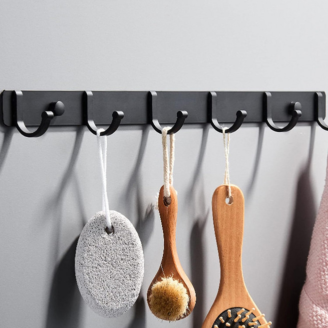 무타공 접착식 다용도 벽걸이 후크 옷걸이 행거 주방 욕실 6구, 1개, 검은색