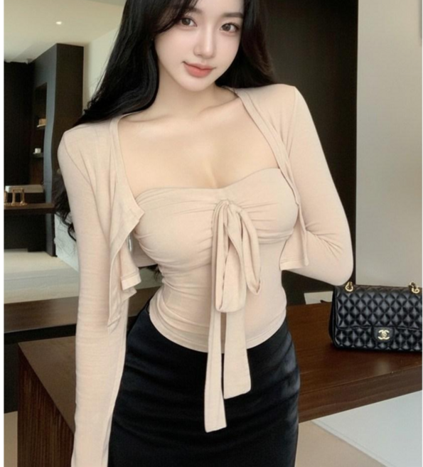 히또리 T3617 청순 섹시 베이글 리본 탑 크롭가디건 세트